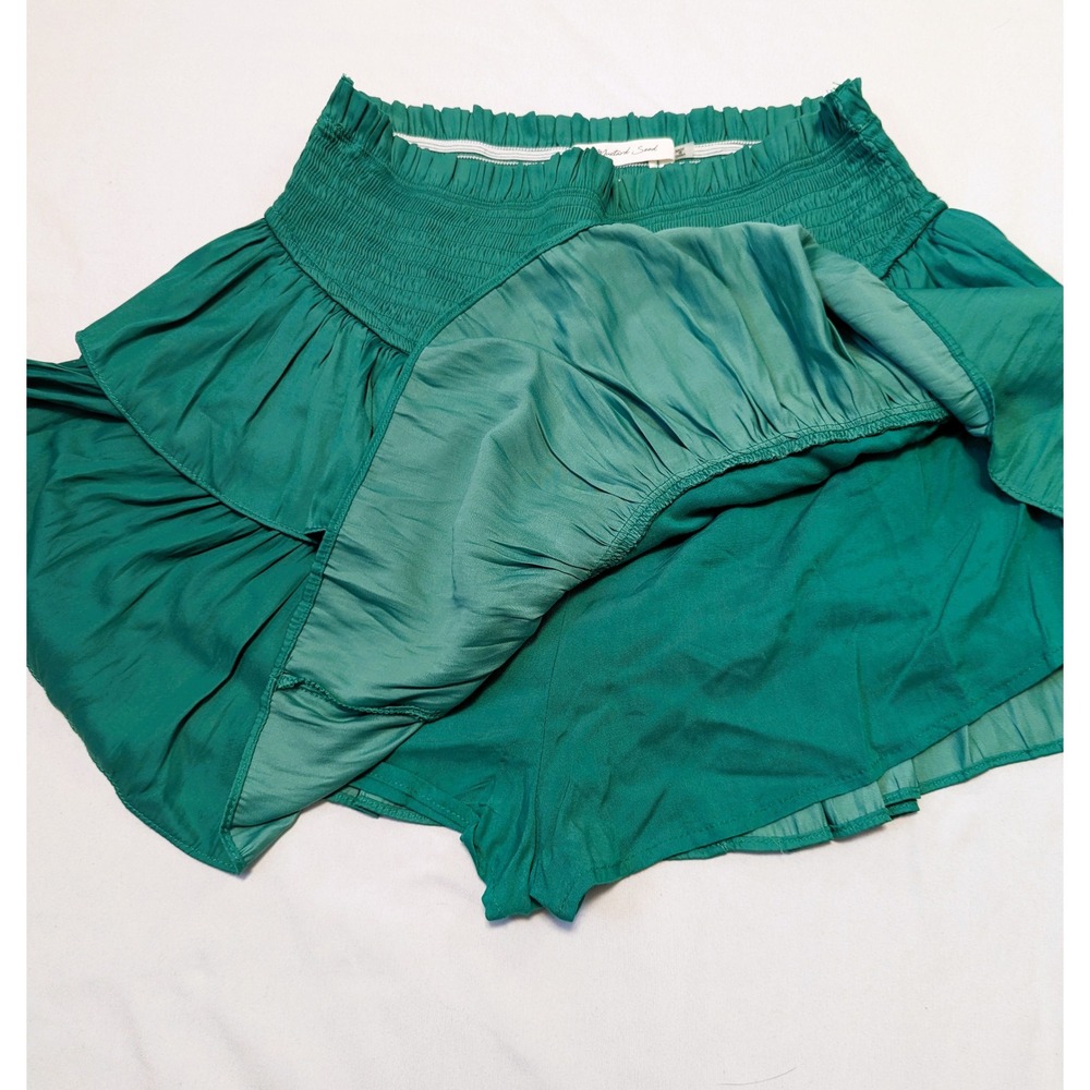 Green Ruffle Tiered Smocked Waist Mini Skort Women Shorts Skirt Flirty Fun Dance